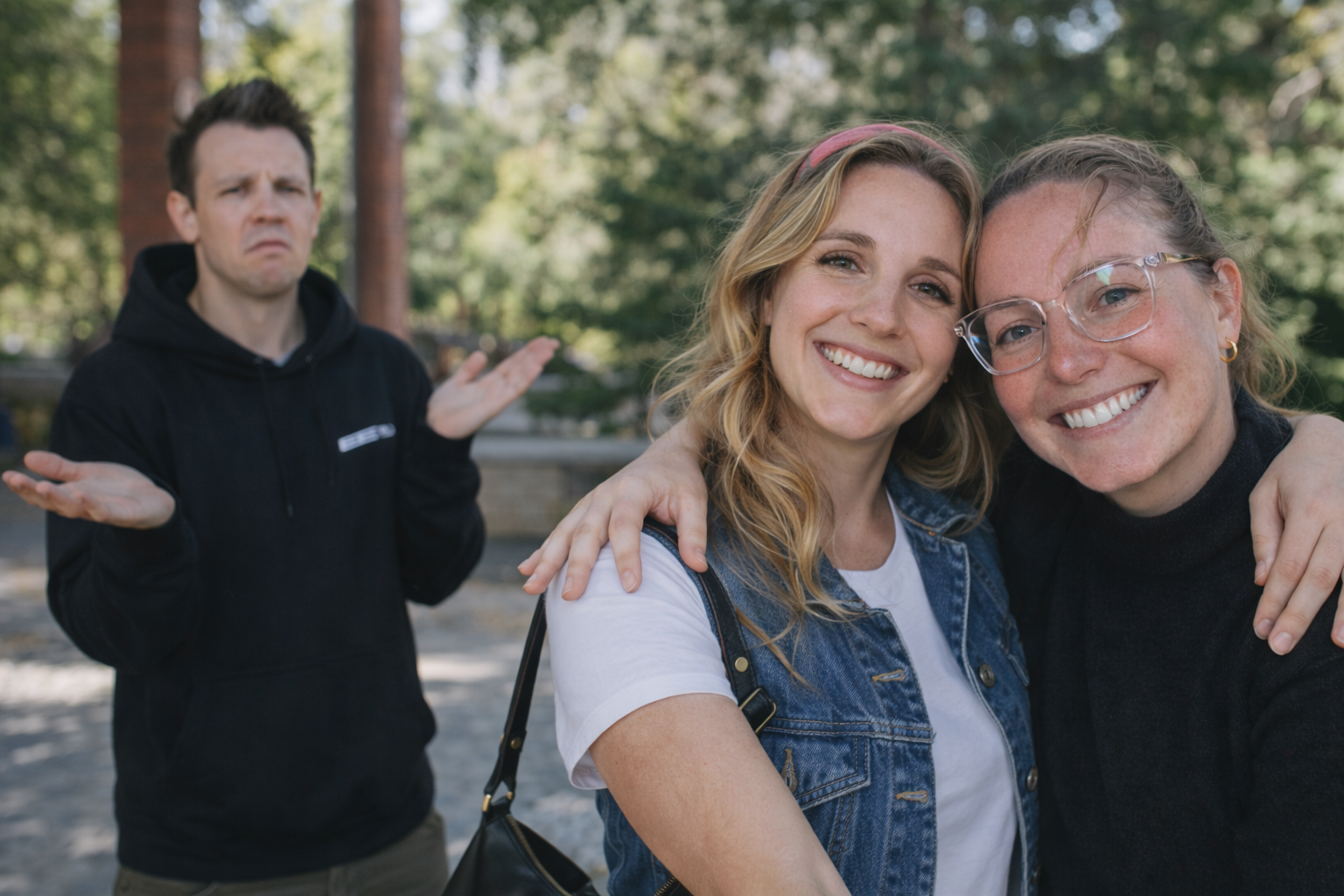 Ruby and Emma posing, Jace confused in background
